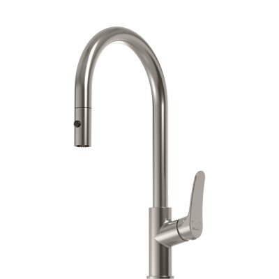 OLIVERI VERONA LEAD FREE PULL OUT GOOSE NECK SPRAY MIXER 431MM BRUSHED NICKEL
