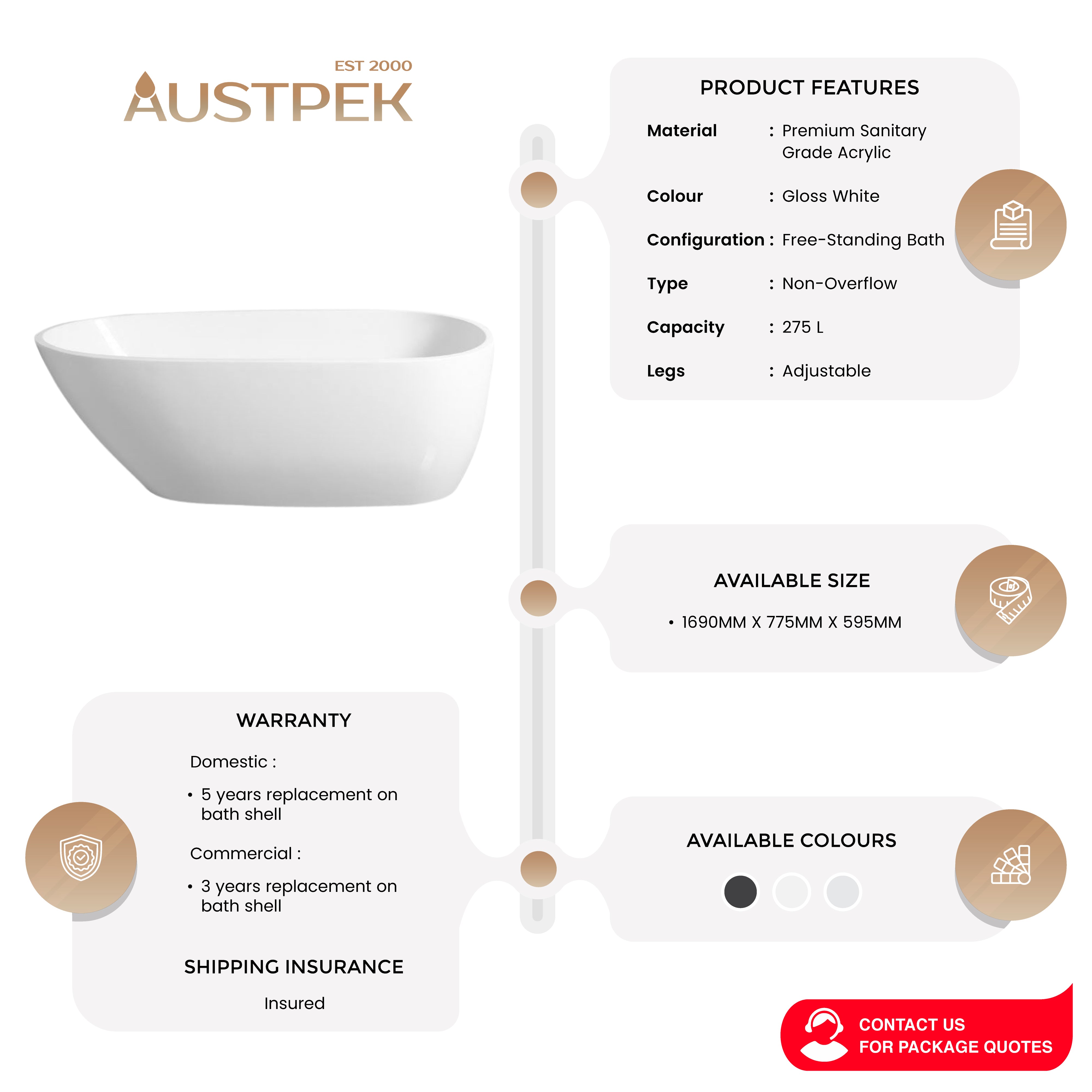 POSEIDON VEDA FREE STANDING BATHTUB GLOSS WHITE 1690MM