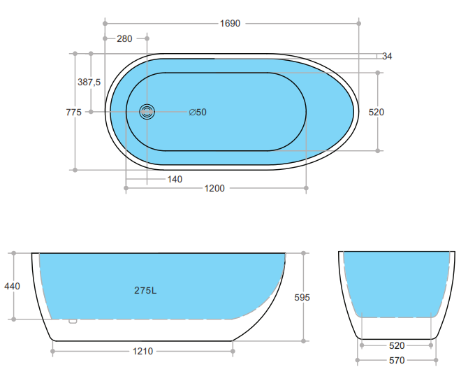 POSEIDON VEDA FREE STANDING BATHTUB GLOSS WHITE 1690MM