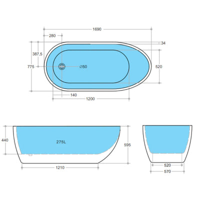 POSEIDON VEDA FREE STANDING BATHTUB MATTE WHITE 1690MM