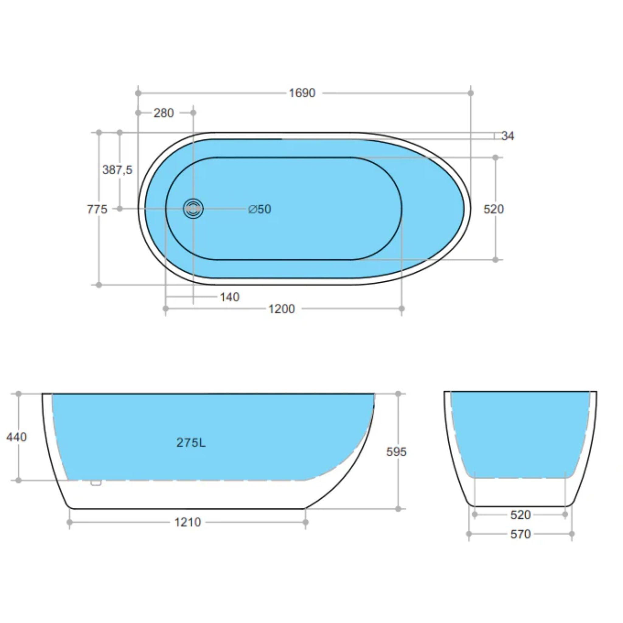 POSEIDON VEDA FREE STANDING BATHTUB GLOSS WHITE 1690MM