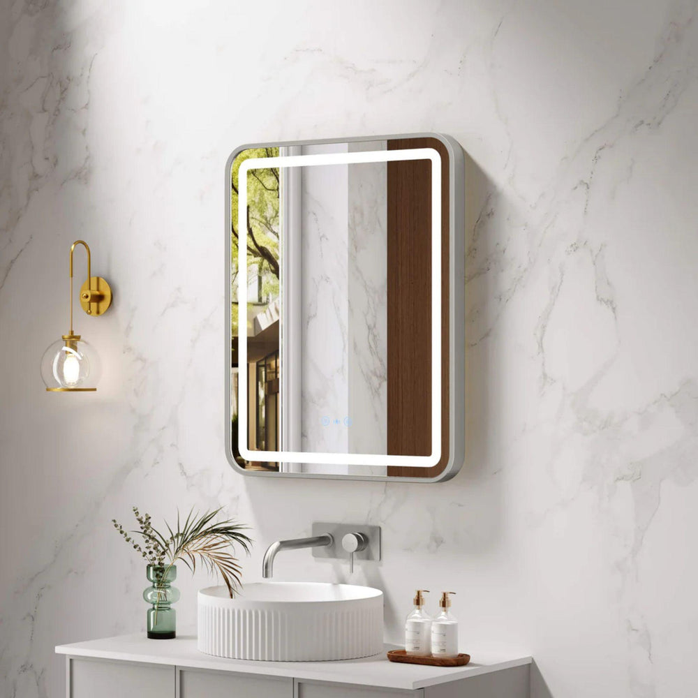 MERCIO VENUS FRAMED RECTANGULAR LED MIRROR BRUSHED NICKEL 600X750MM