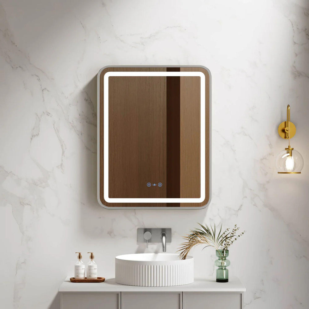 MERCIO VENUS FRAMED RECTANGULAR LED MIRROR BRUSHED NICKEL 600X750MM