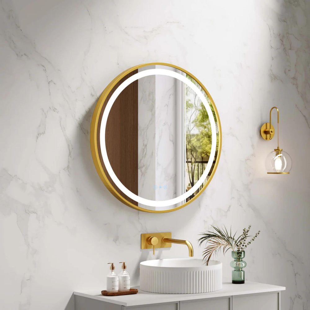 MERCIO VENUS FRAMED ROUND LED MIRROR BRUSHED GOLD 600X600MM