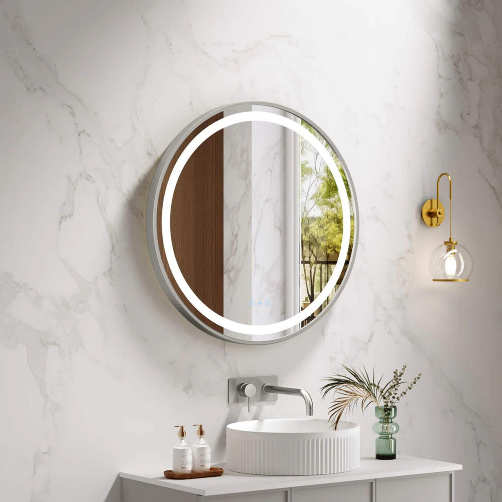 MERCIO VENUS FRAMED ROUND LED MIRROR BRUSHED NICKEL 600X600MM
