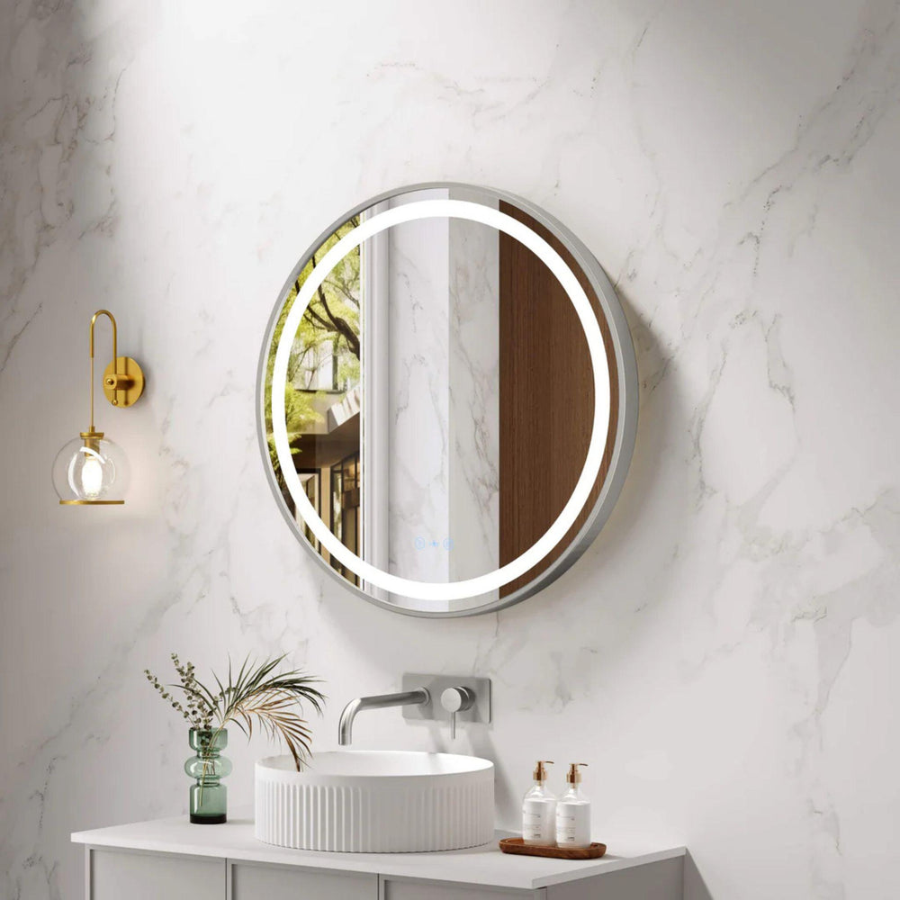 MERCIO VENUS FRAMED ROUND LED MIRROR BRUSHED NICKEL 600X600MM