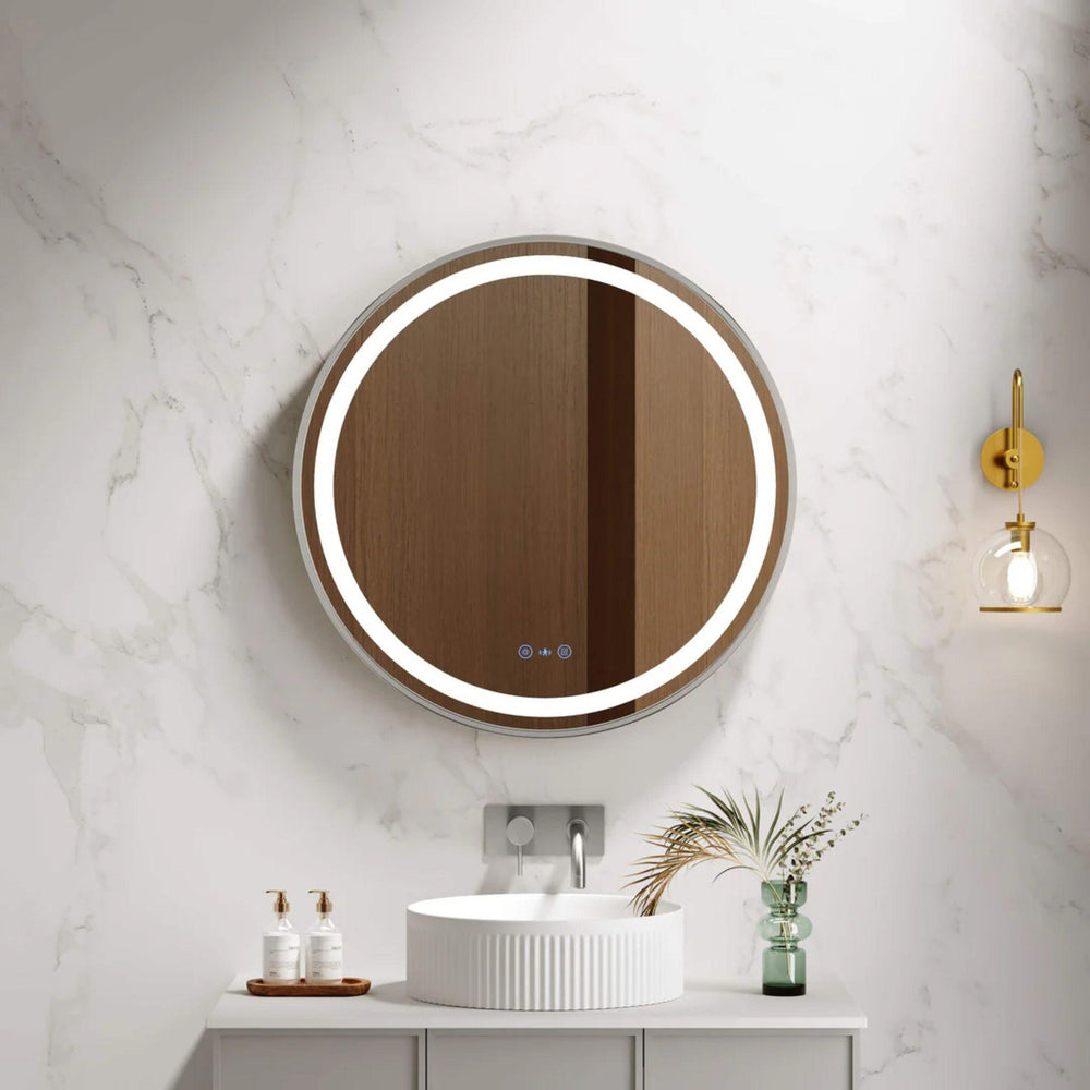 MERCIO VENUS FRAMED ROUND LED MIRROR BRUSHED NICKEL 600X600MM