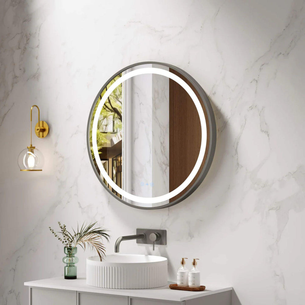 MERCIO VENUS FRAMED ROUND LED MIRROR GUN METAL 600X600MM