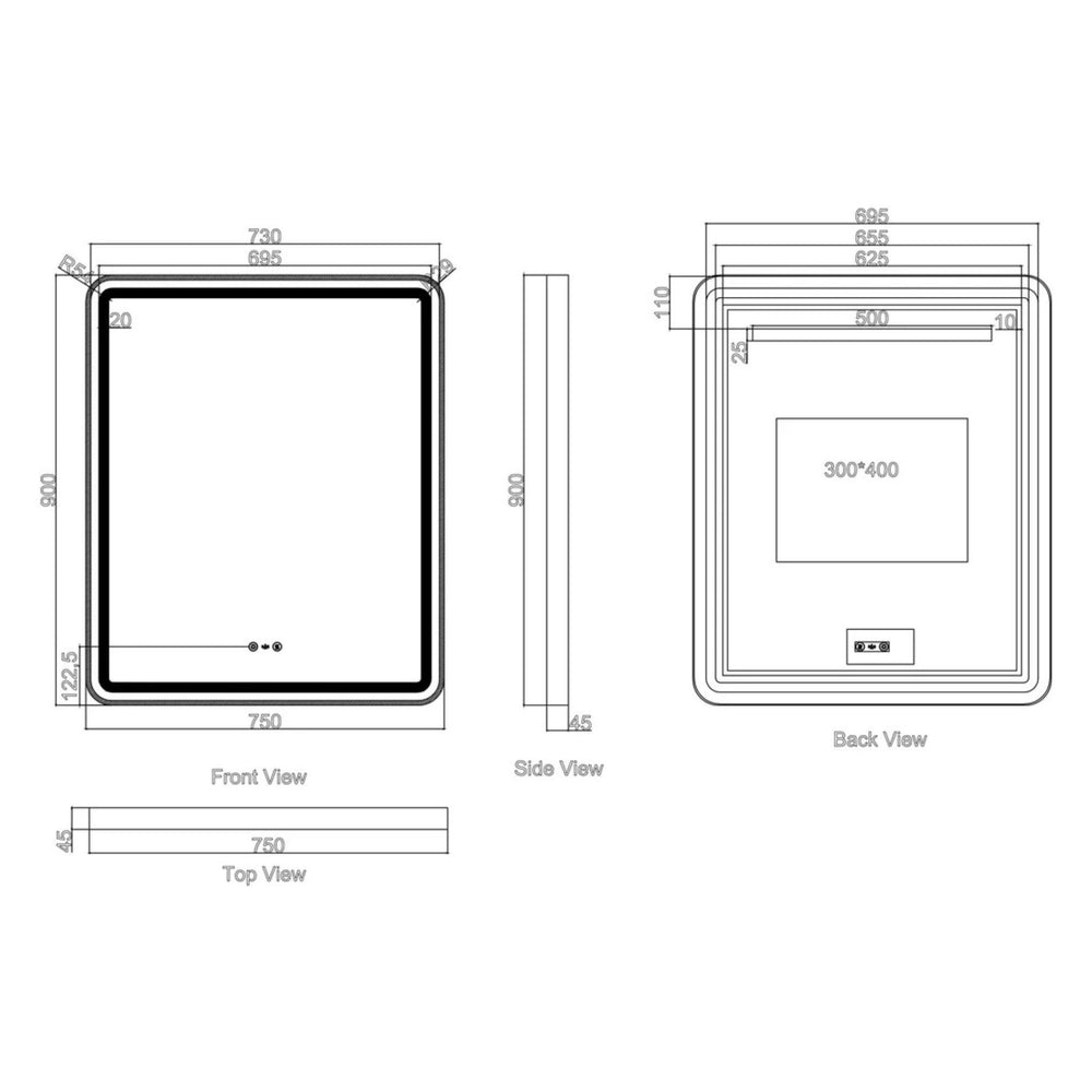 MERCIO VENUS FRAMED RECTANGULAR LED MIRROR GUN METAL 750X900MM