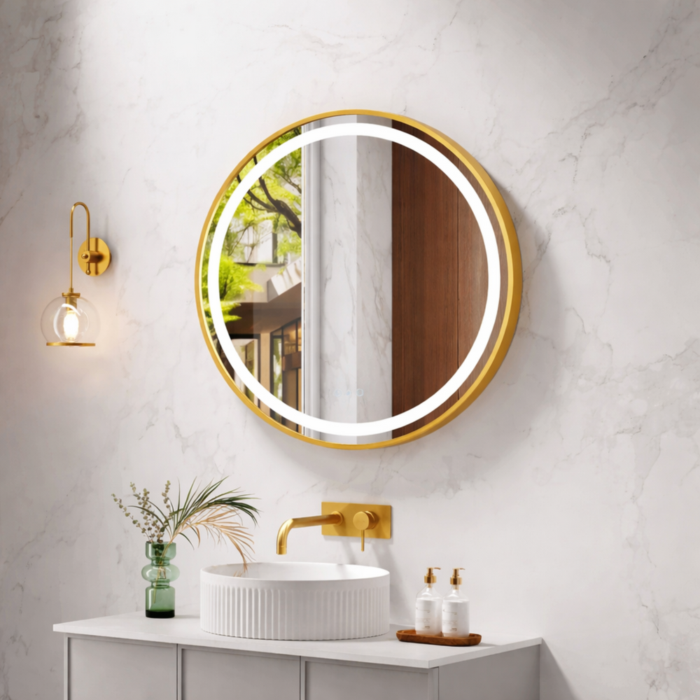 MERCIO VENUS FRAMED ROUND LED MIRROR BRUSHED GOLD 750X750MM
