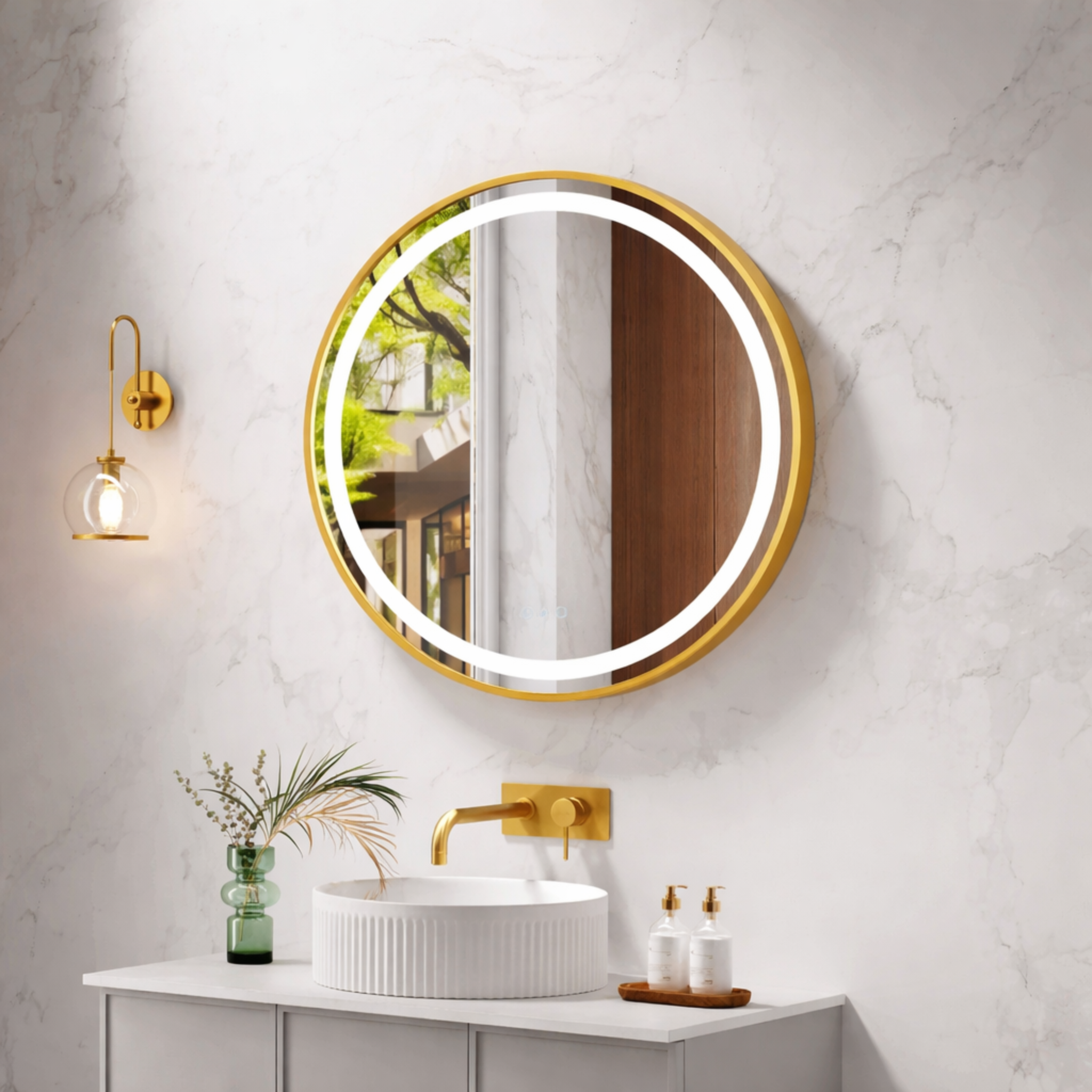 MERCIO VENUS FRAMED ROUND LED MIRROR BRUSHED GOLD 750X750MM
