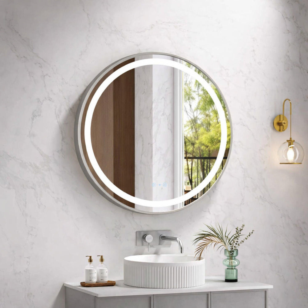 MERCIO VENUS FRAMED ROUND LED MIRROR BRUSHED NICKEL 750X750MM