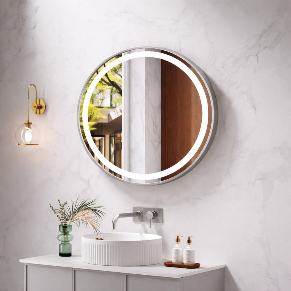 MERCIO VENUS FRAMED ROUND LED MIRROR BRUSHED NICKEL 750X750MM