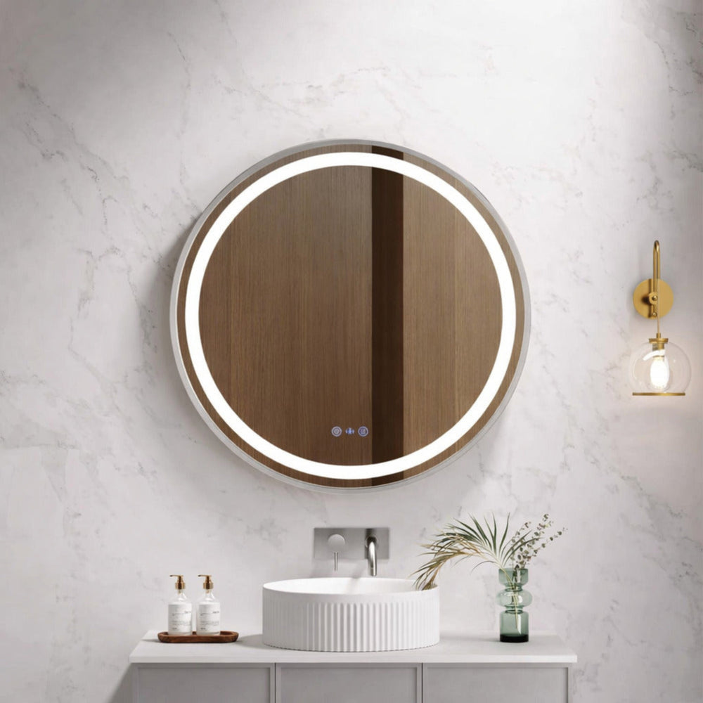 MERCIO VENUS FRAMED ROUND LED MIRROR BRUSHED NICKEL 750X750MM