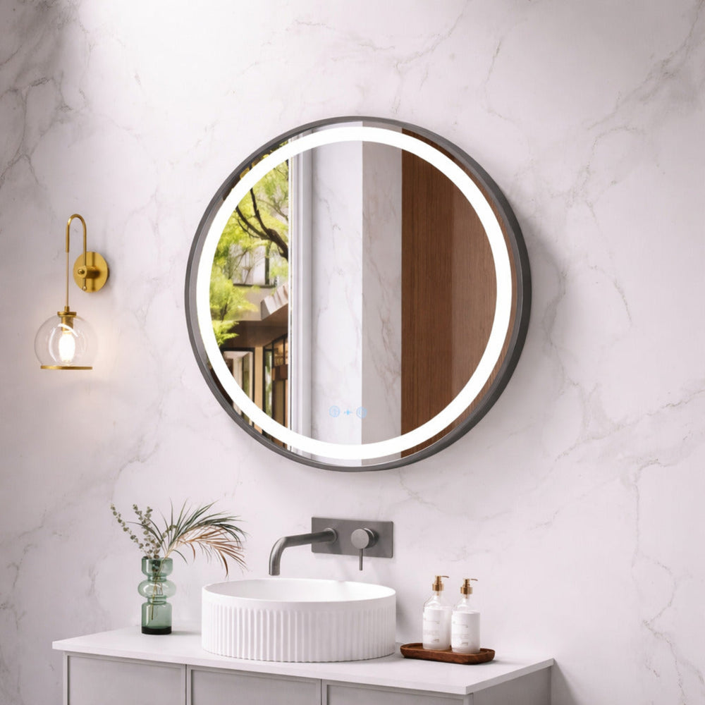 MERCIO VENUS FRAMED ROUND LED MIRROR GUN METAL 750X750MM