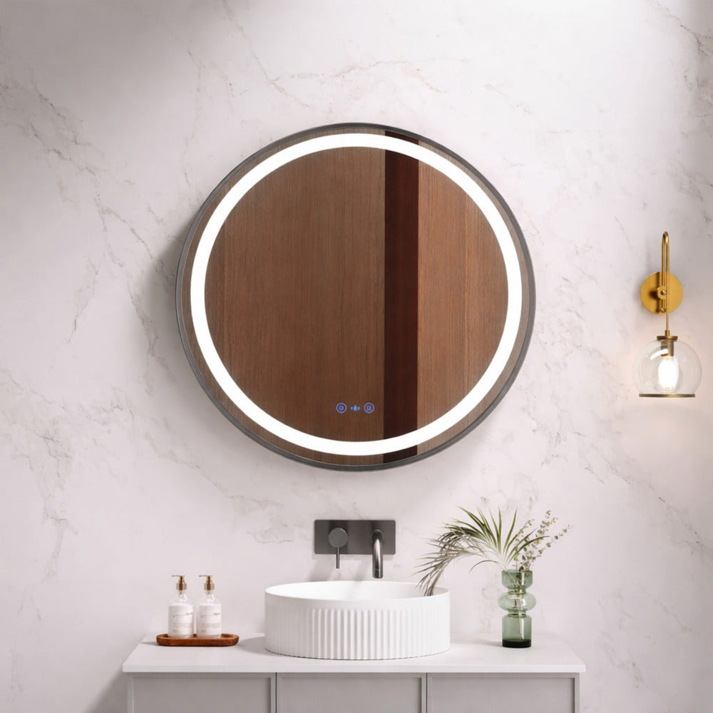 MERCIO VENUS FRAMED ROUND LED MIRROR GUN METAL 750X750MM
