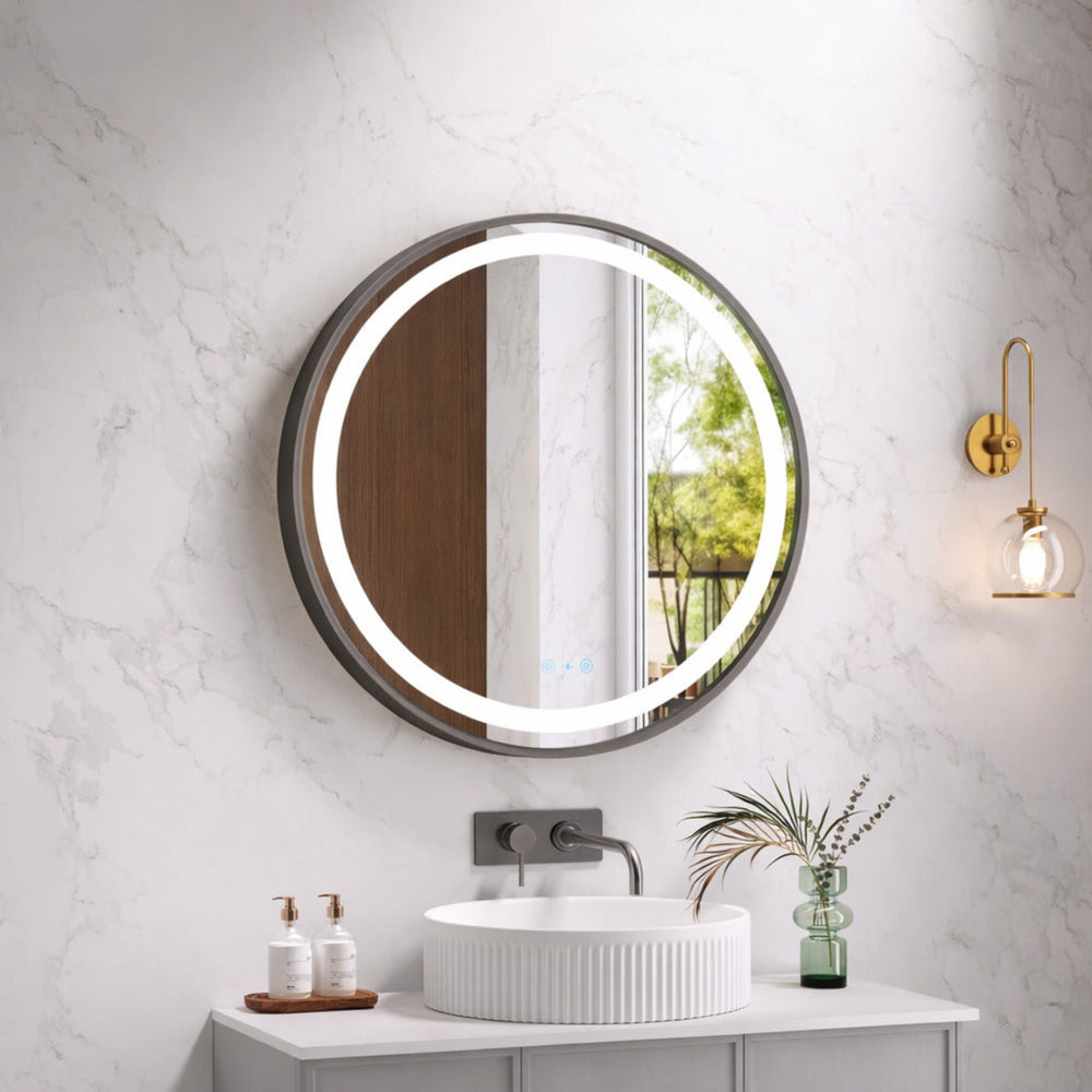 MERCIO VENUS FRAMED ROUND LED MIRROR GUN METAL 750X750MM