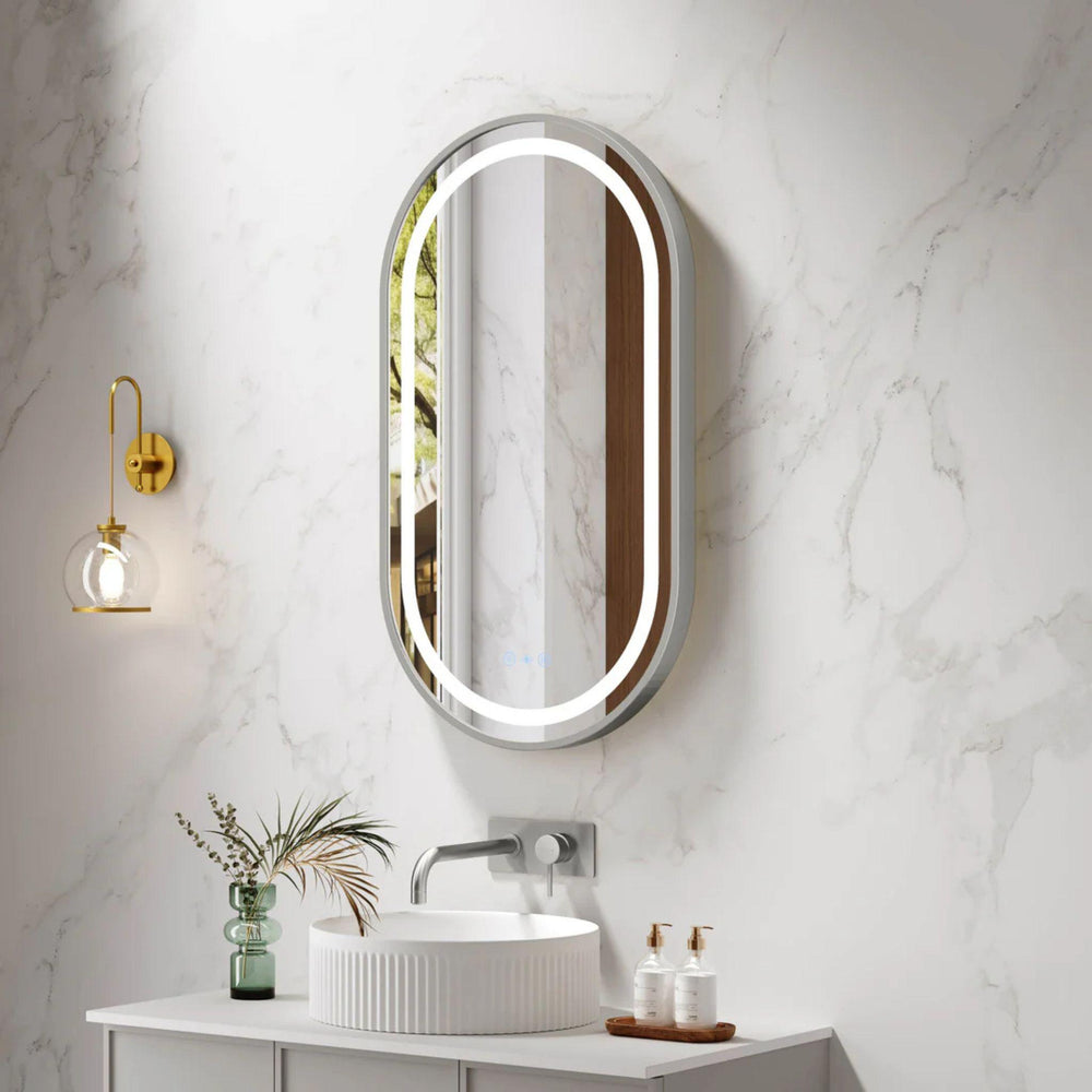 MERCIO VENUS FRAMED OVAL LED MIRROR BRUSHED NICKEL 500X900MM