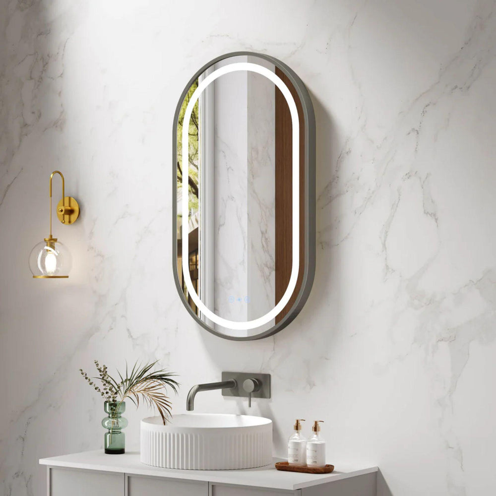 MERCIO VENUS FRAMED OVAL LED MIRROR GUN METAL 500X900MM