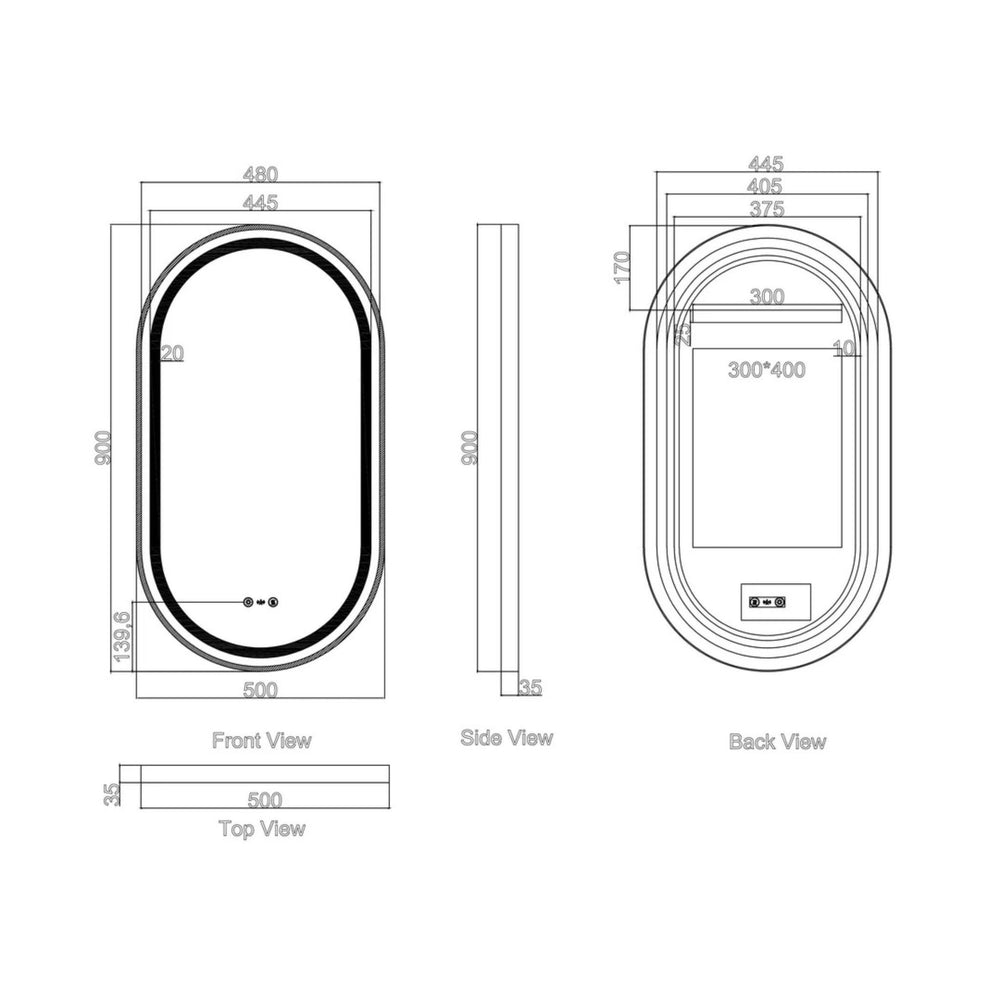 MERCIO VENUS FRAMED OVAL LED MIRROR MATTE BLACK 500X900MM