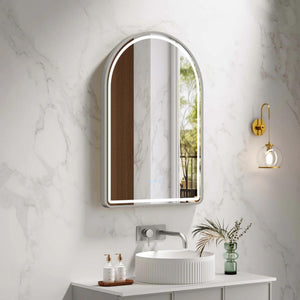 MERCIO VENUS FRAMED ARCH LED MIRROR BRUSHED NICKEL 600X900MM