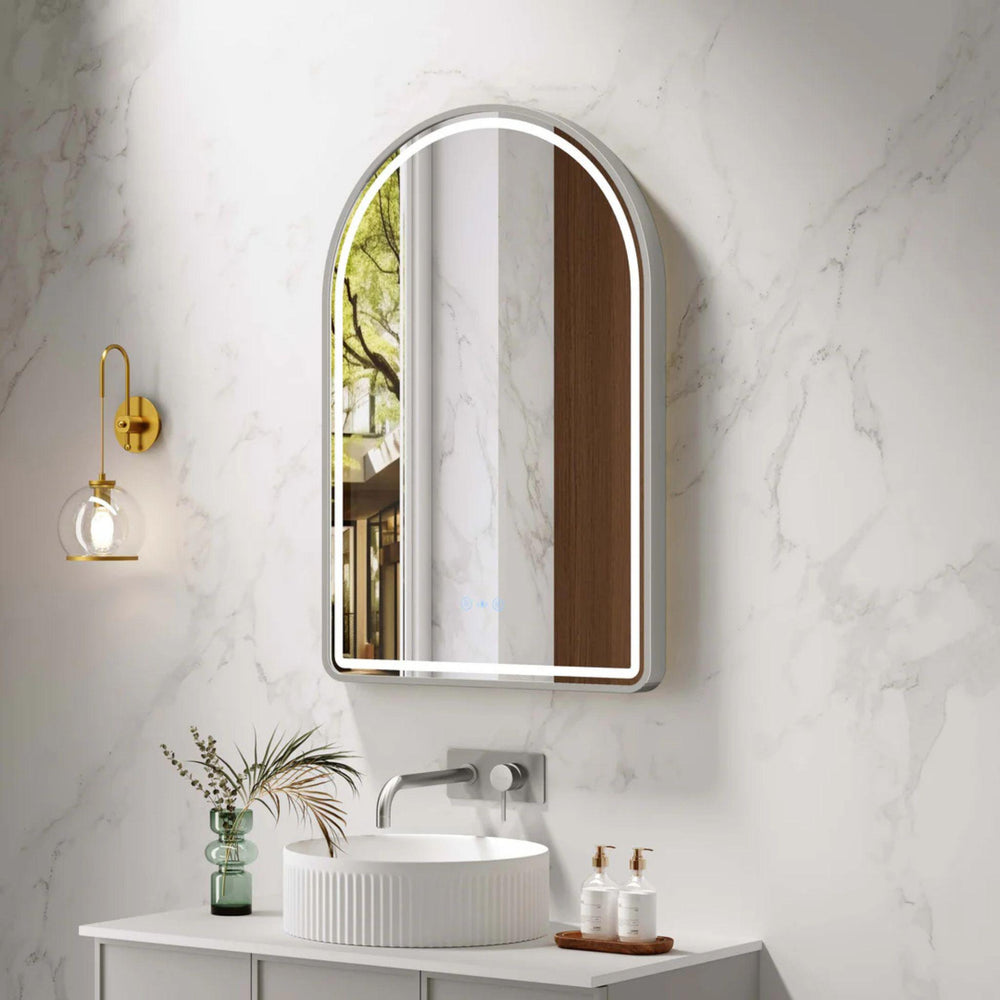 MERCIO VENUS FRAMED ARCH LED MIRROR BRUSHED NICKEL 600X900MM