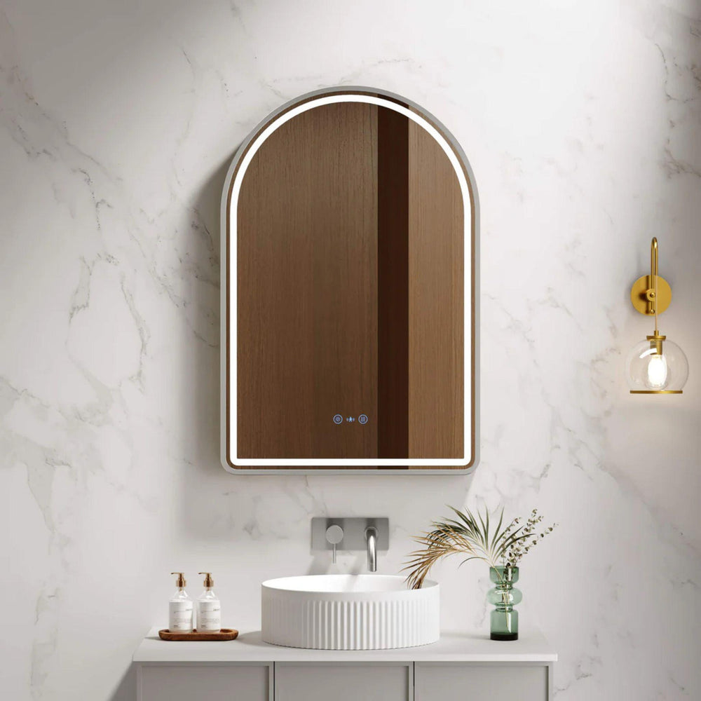 MERCIO VENUS FRAMED ARCH LED MIRROR BRUSHED NICKEL 600X900MM