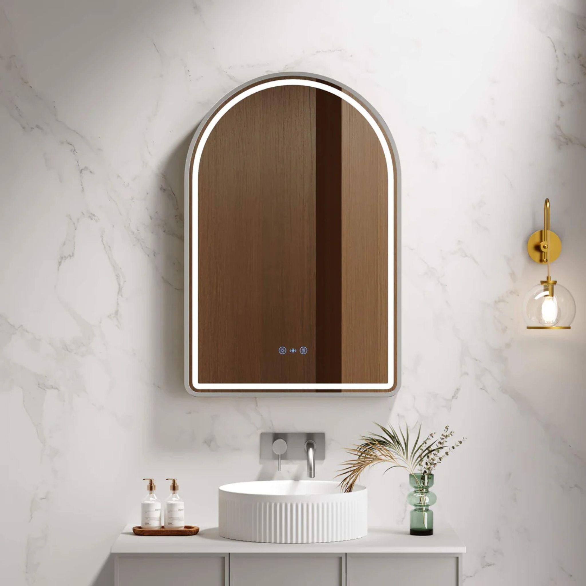 MERCIO VENUS FRAMED ARCH LED MIRROR BRUSHED NICKEL 600X900MM