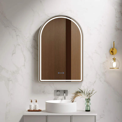 MERCIO VENUS FRAMED ARCH LED MIRROR BRUSHED NICKEL 600X900MM