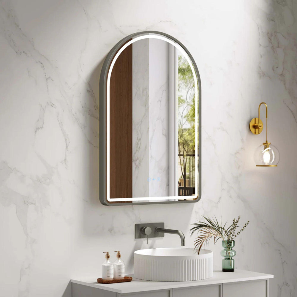 MERCIO VENUS FRAMED ARCH LED MIRROR GUN METAL 600X900MM