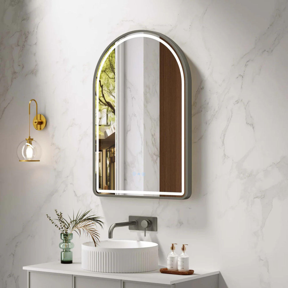 MERCIO VENUS FRAMED ARCH LED MIRROR GUN METAL 600X900MM