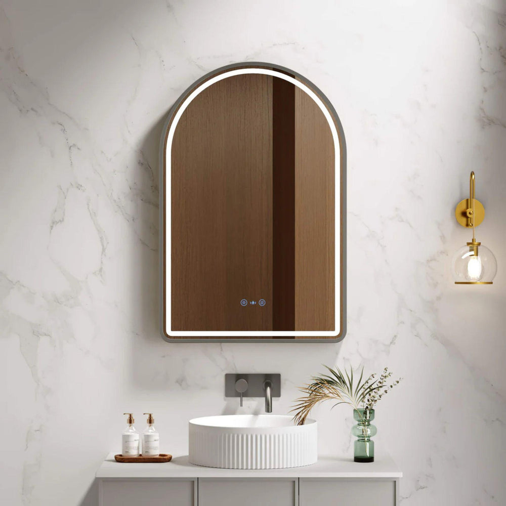 MERCIO VENUS FRAMED ARCH LED MIRROR GUN METAL 600X900MM