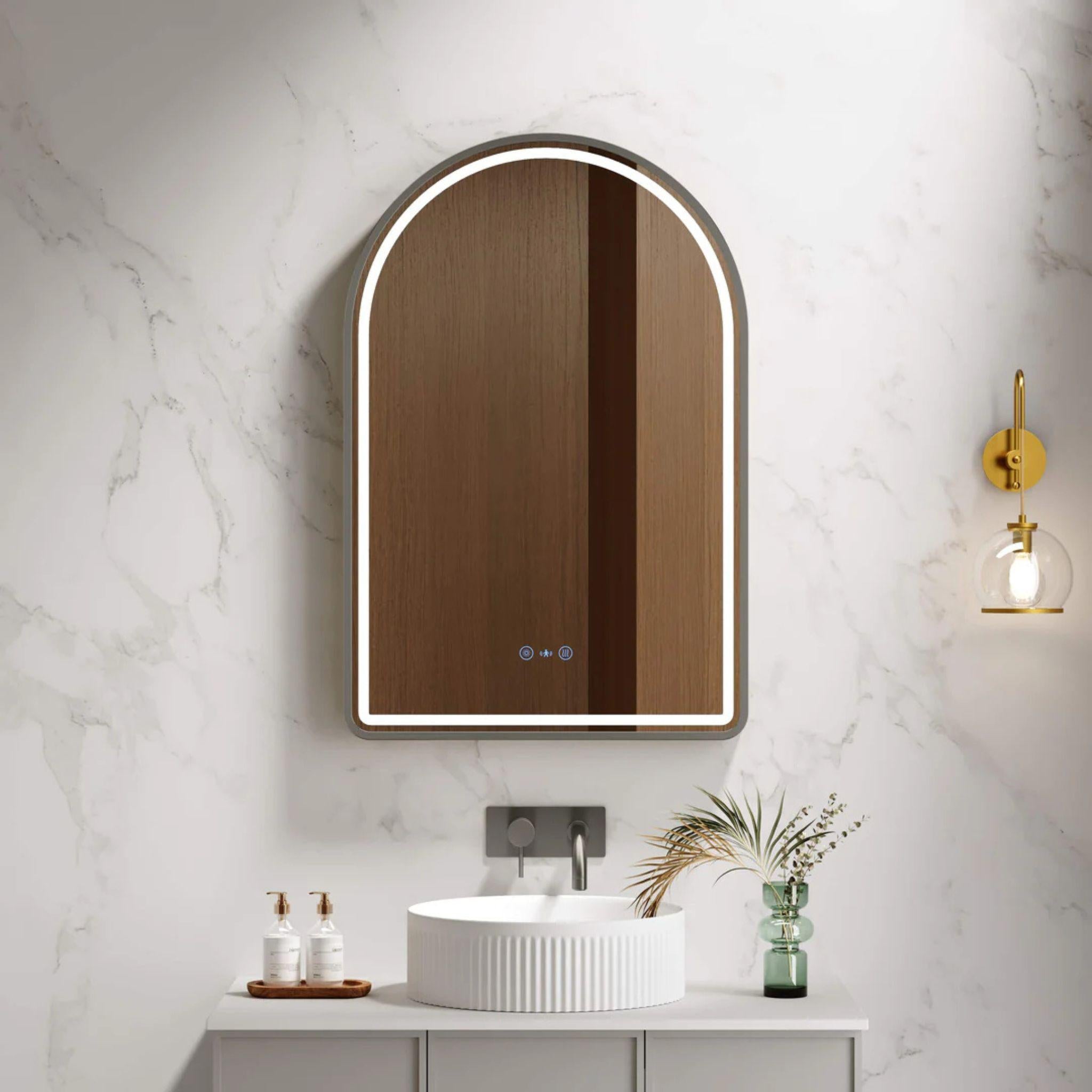 MERCIO VENUS FRAMED ARCH LED MIRROR GUN METAL 600X900MM