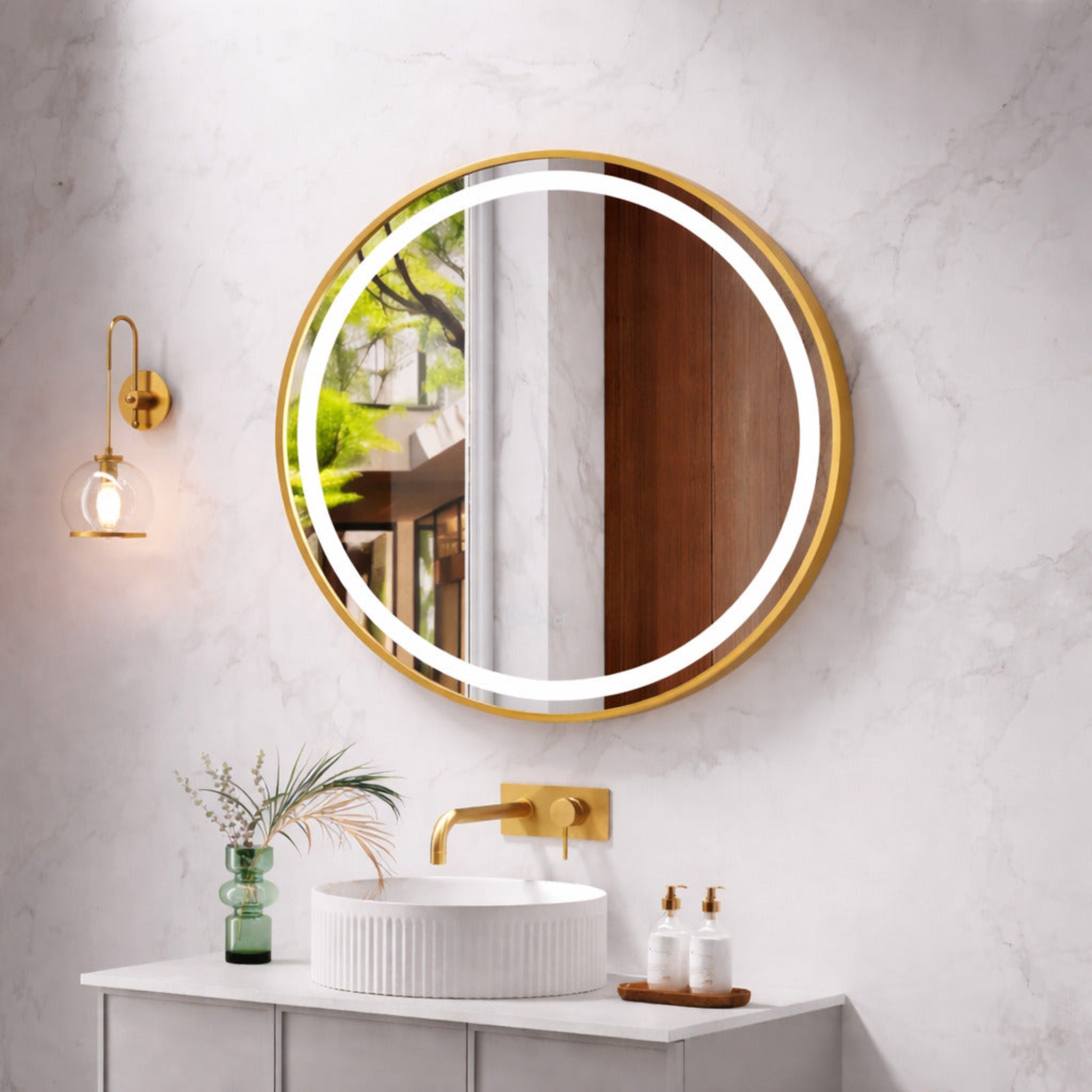 MERCIO VENUS FRAMED ROUND LED MIRROR BRUSHED GOLD 900X900MM