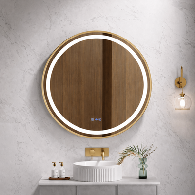 MERCIO VENUS FRAMED ROUND LED MIRROR BRUSHED GOLD 900X900MM