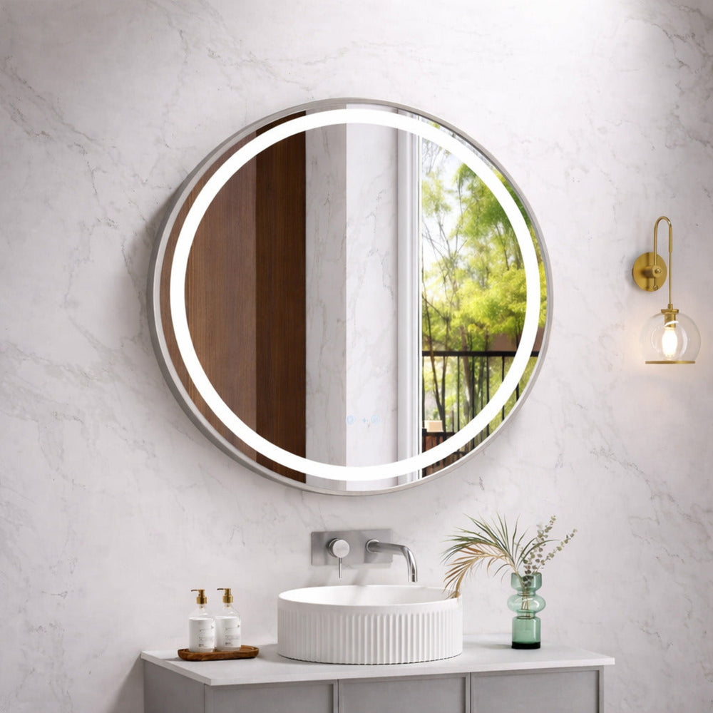 MERCIO VENUS FRAMED ROUND LED MIRROR BRUSHED NICKEL 900X900MM