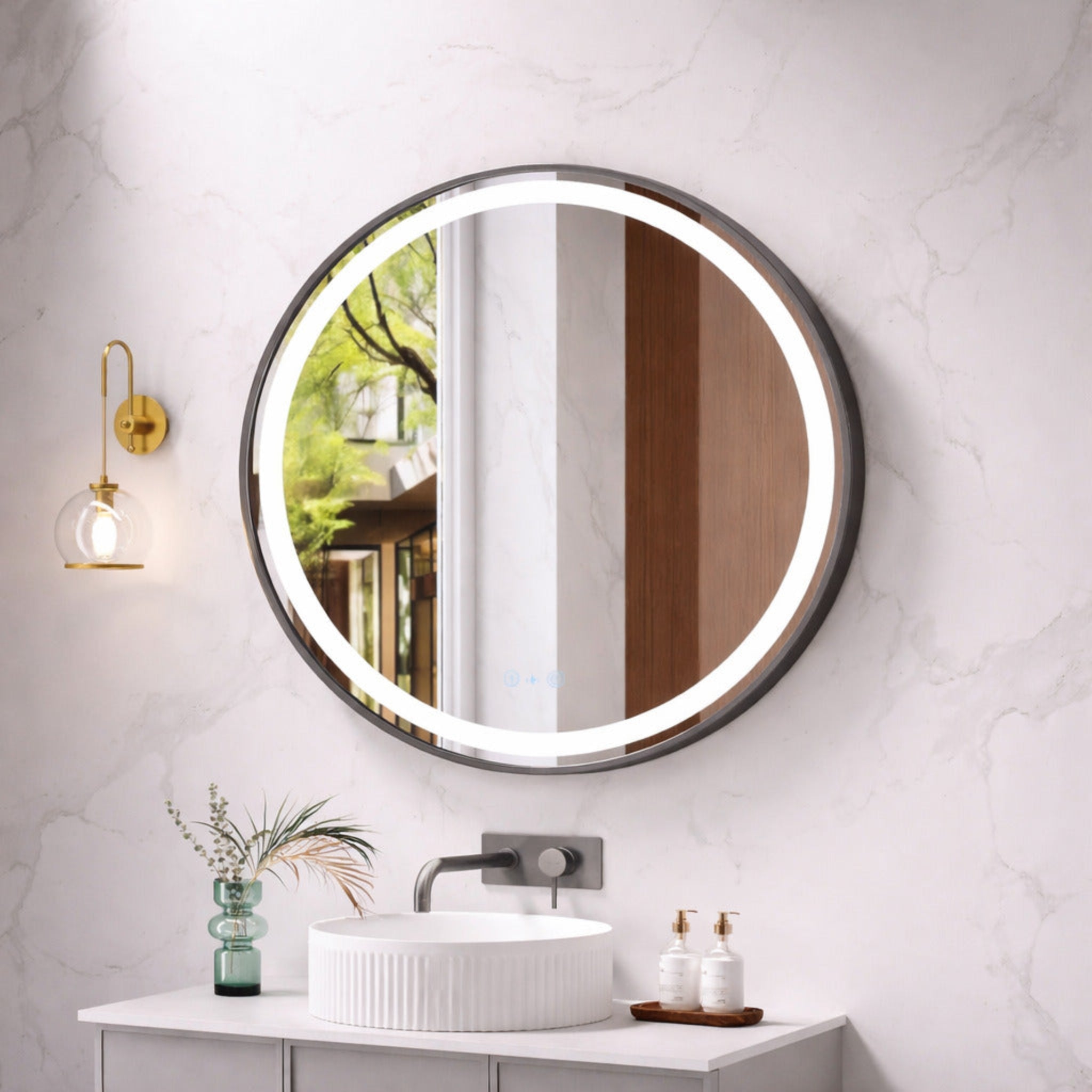 MERCIO VENUS FRAMED ROUND LED MIRROR GUN METAL 900X900MM