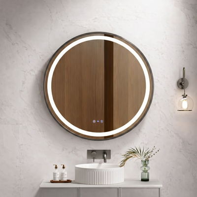 MERCIO VENUS FRAMED ROUND LED MIRROR GUN METAL 900X900MM