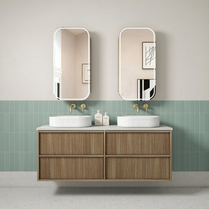 AULIC VENETTA HARVEST OAK 1500MM DOUBLE BOWL FLUTED WALL HUNG VANITY