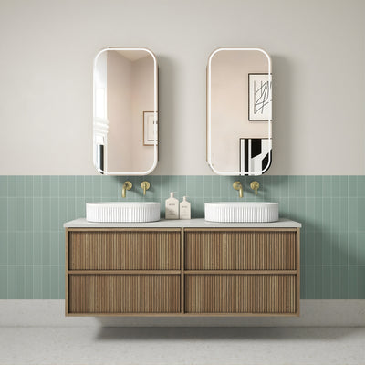 AULIC VENETTA HARVEST OAK 1500MM DOUBLE BOWL FLUTED WALL HUNG VANITY