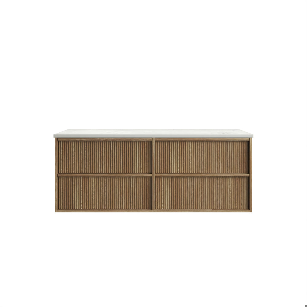 AULIC VENETTA HARVEST OAK 1500MM DOUBLE BOWL FLUTED WALL HUNG VANITY