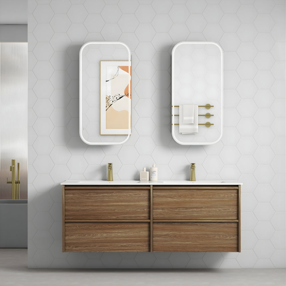 AULIC VENETTA HARVEST OAK 1500MM DOUBLE BOWL FRAMED WALL HUNG VANITY