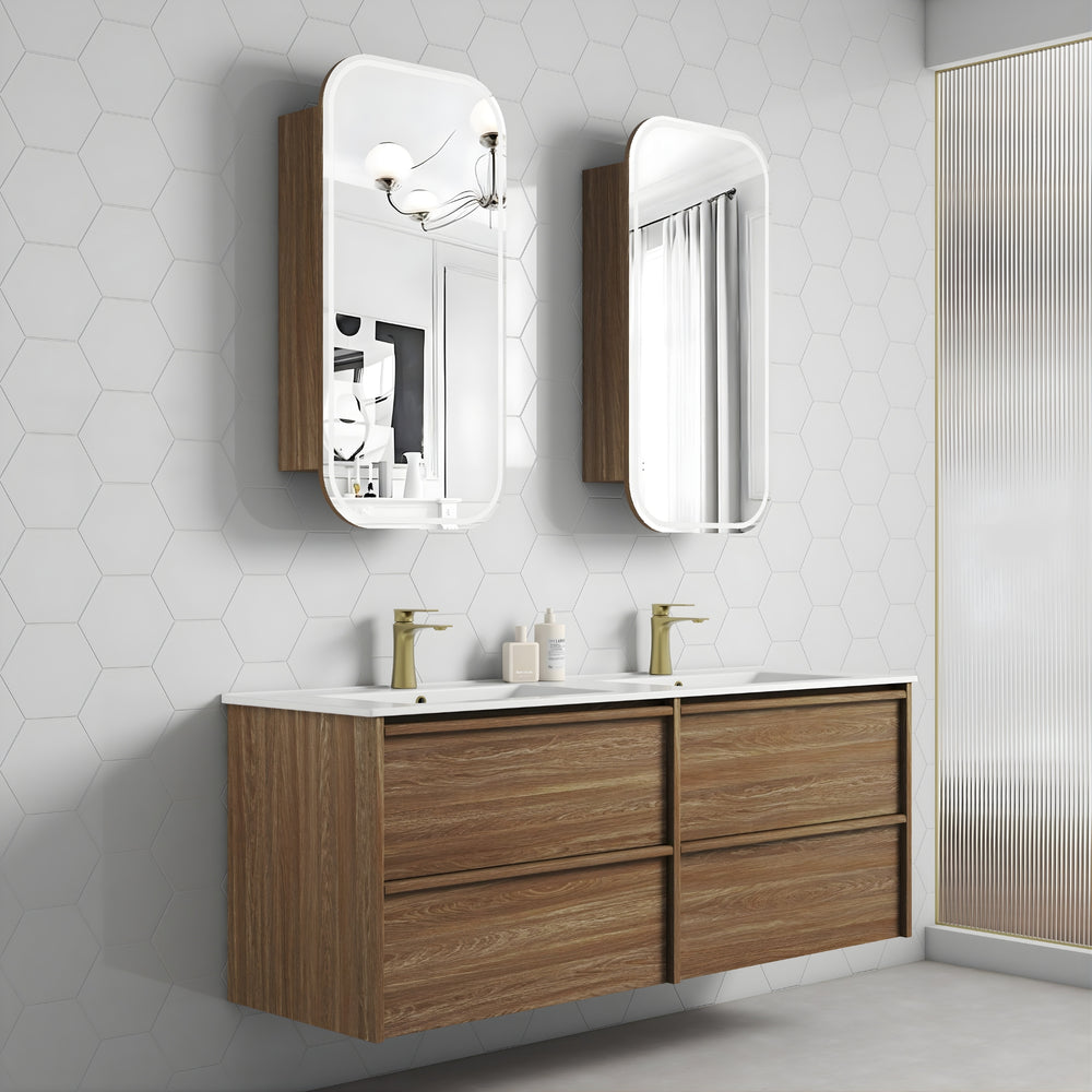 AULIC VENETTA HARVEST OAK 1500MM DOUBLE BOWL FRAMED WALL HUNG VANITY