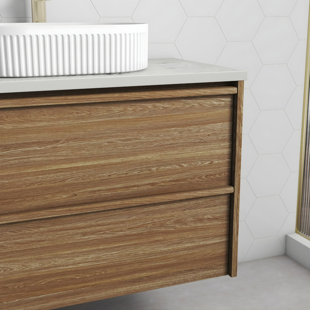 AULIC VENETTA HARVEST OAK 1500MM DOUBLE BOWL FRAMED WALL HUNG VANITY
