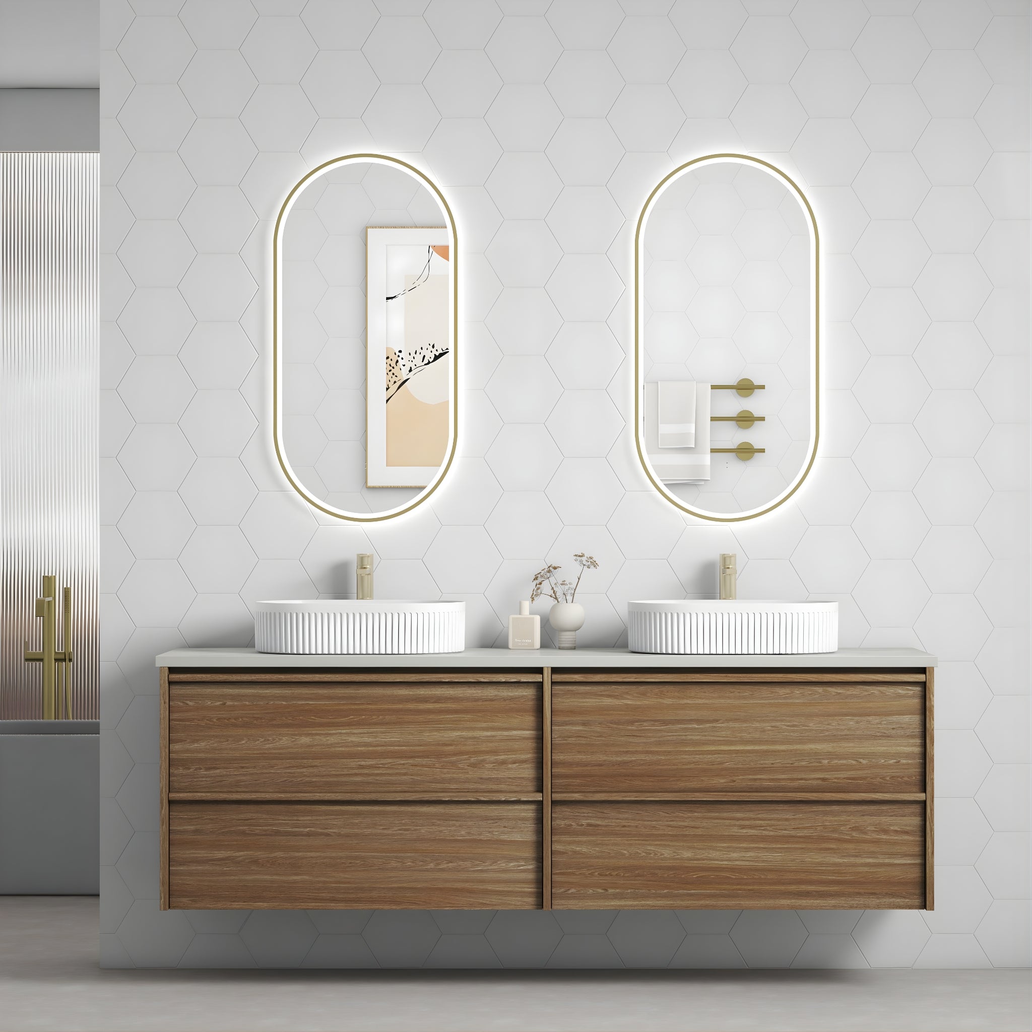 AULIC VENETTA HARVEST OAK 1800MM DOUBLE BOWL FRAMED WALL HUNG VANITY