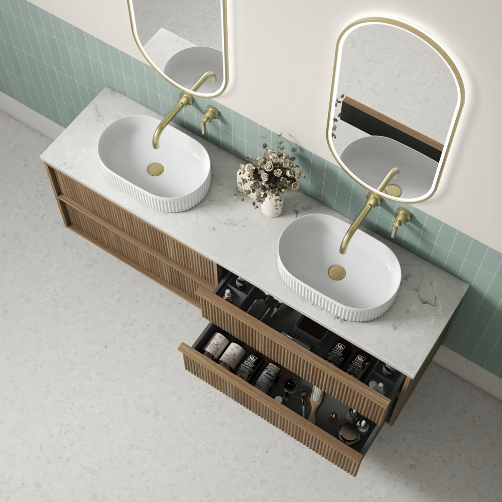 AULIC VENETTA HARVEST OAK 1800MM DOUBLE BOWL FLUTED WALL HUNG VANITY