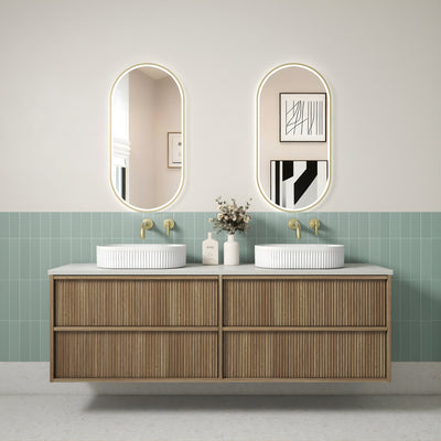 AULIC VENETTA HARVEST OAK 1800MM DOUBLE BOWL FLUTED WALL HUNG VANITY