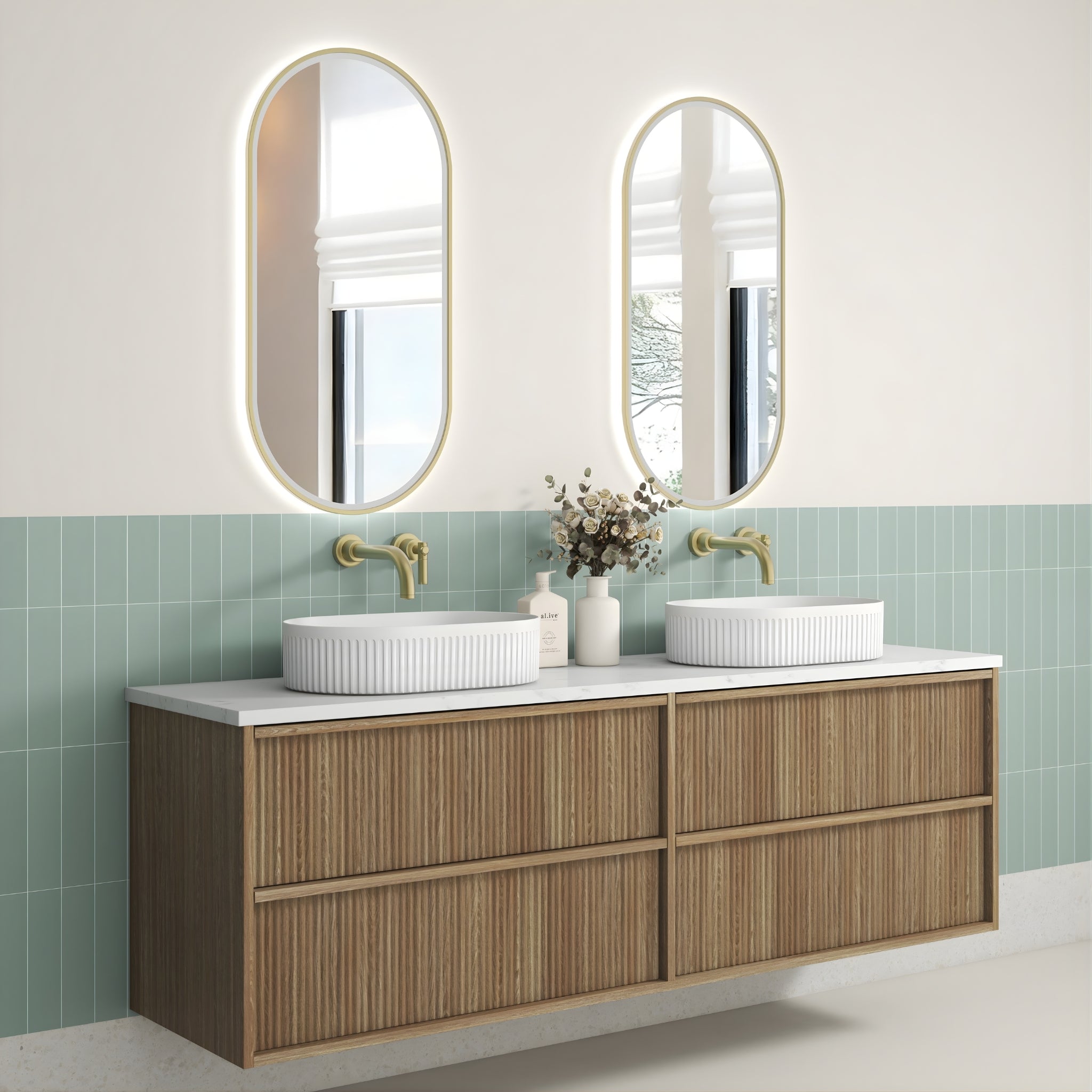 AULIC VENETTA HARVEST OAK 1800MM DOUBLE BOWL WALL HUNG VANITY