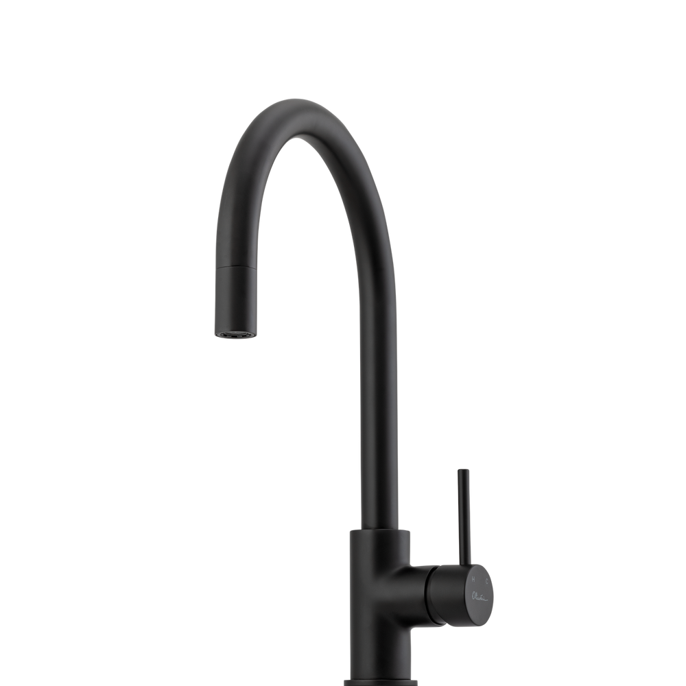 OLIVERI VENICE LEAD FREE PULL OUT GOOSE NECK KITCHEN MIXER 382MM MATTE BLACK