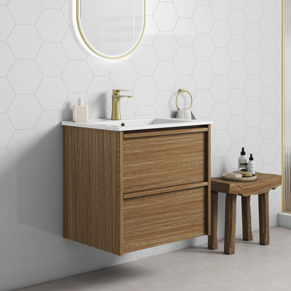 AULIC VENETTA HARVEST OAK 600MM SINGLE BOWL FRAMED WALL HUNG VANITY